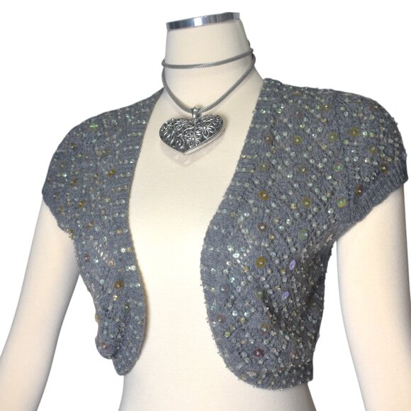 Vintage Y2K 2000s Bolero Knit Cardigan Cropped Wool Blend Sequins Gray M - Picture 7 of 7